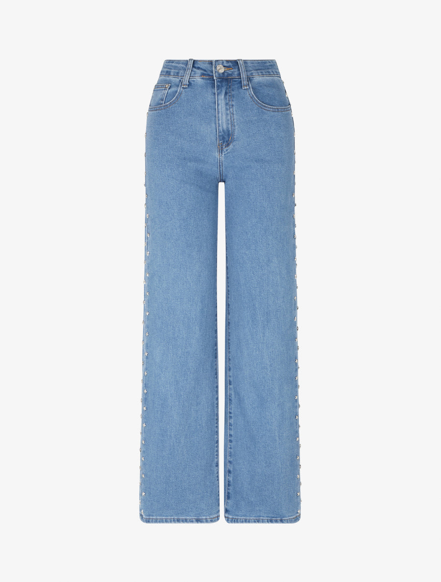 Jean wide leg à strass étoiles - Bleu - 1