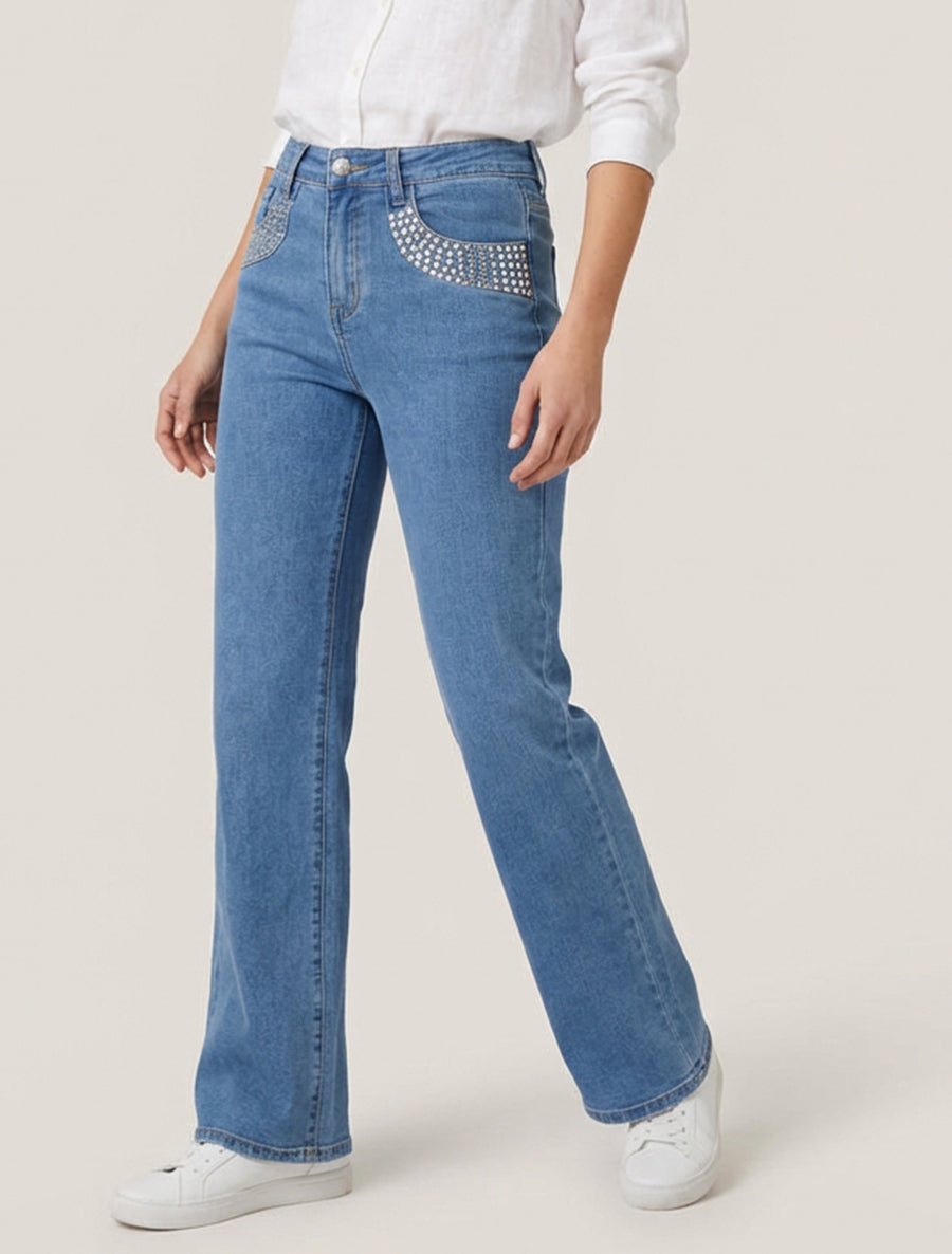 Jeans a gamba larga con borchie taglio dritto - Blu
