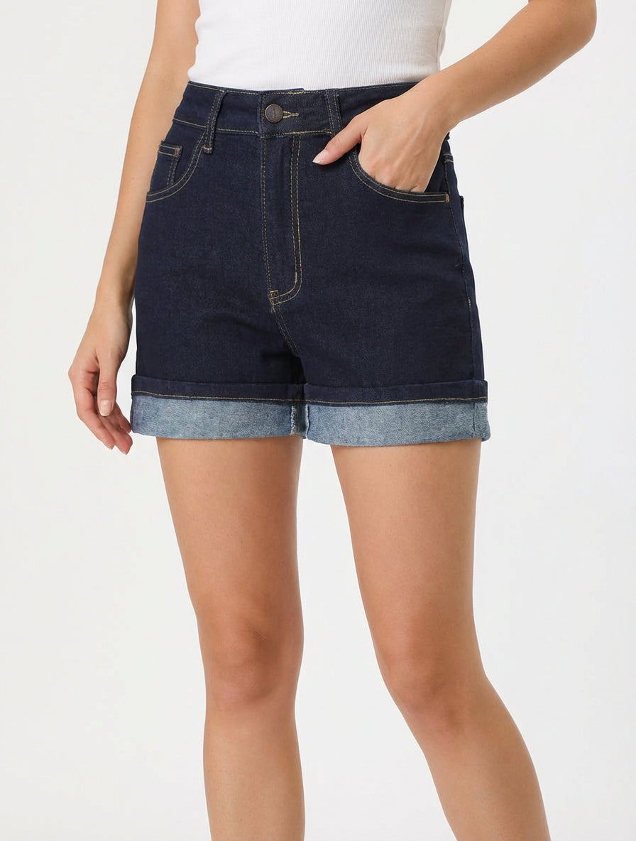 Pantaloncini di jeans con risvolto - Blu grezzo