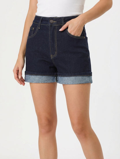 Pantaloncini di jeans con risvolto - Blu grezzo