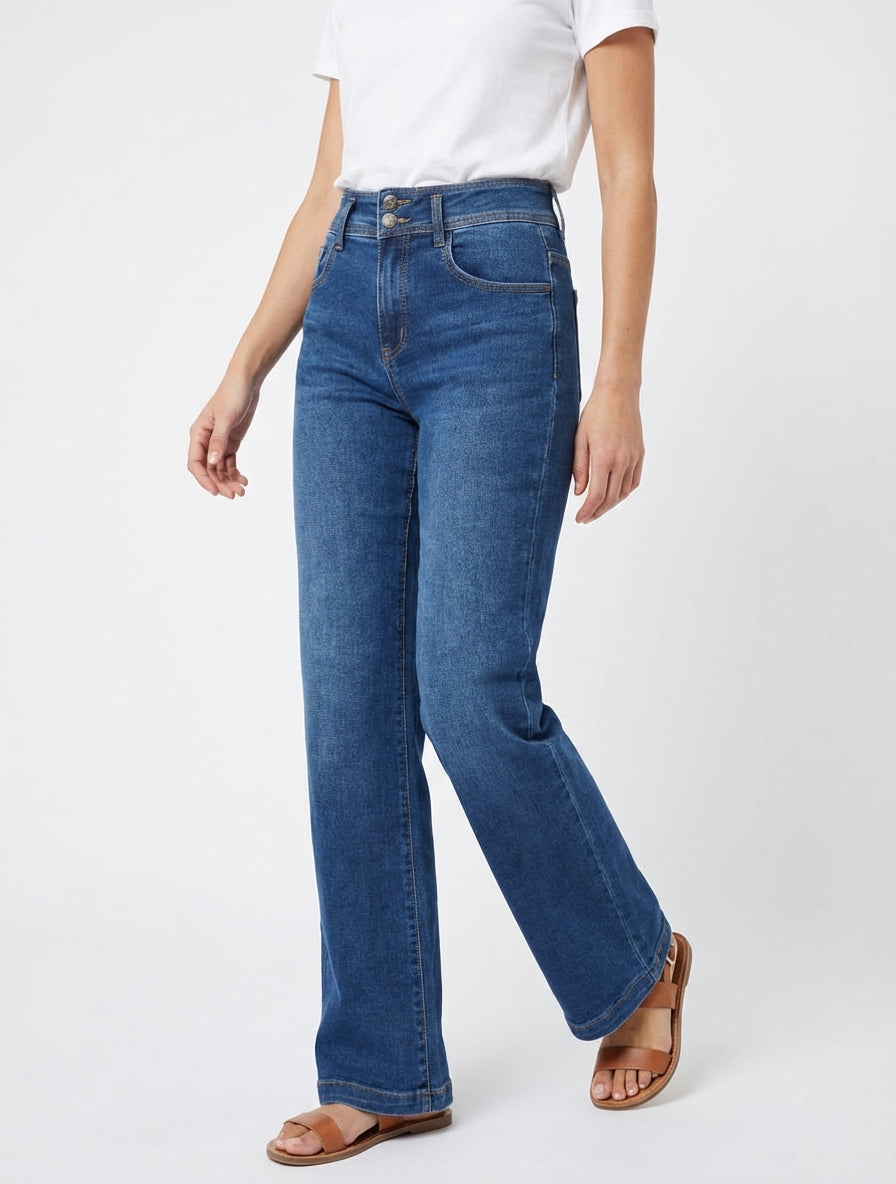 Jeans a gamba larga con chiusura a 2 bottoni - Blu