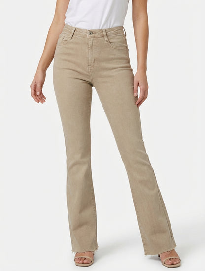 Jeans a zampa a vita alta con orli grezzi - Beige