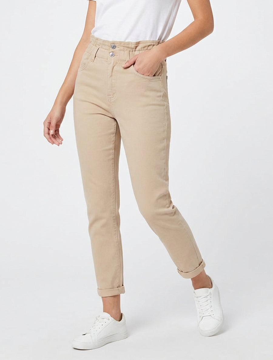Jeans a vita alta elasticizzata - Beige