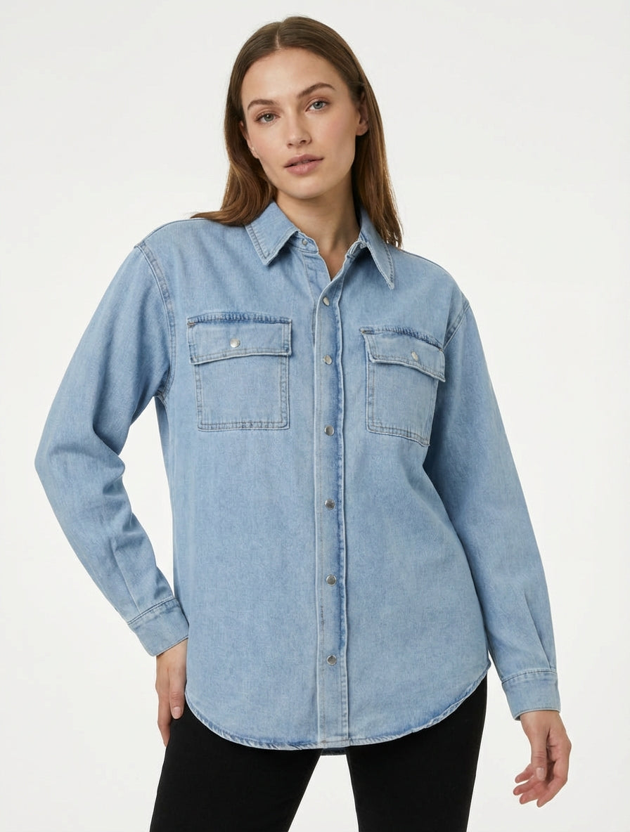 Camicia di jeans dritta a maniche lunghe - Blu