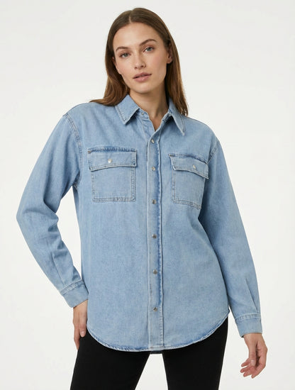 Camicia di jeans dritta a maniche lunghe - Blu