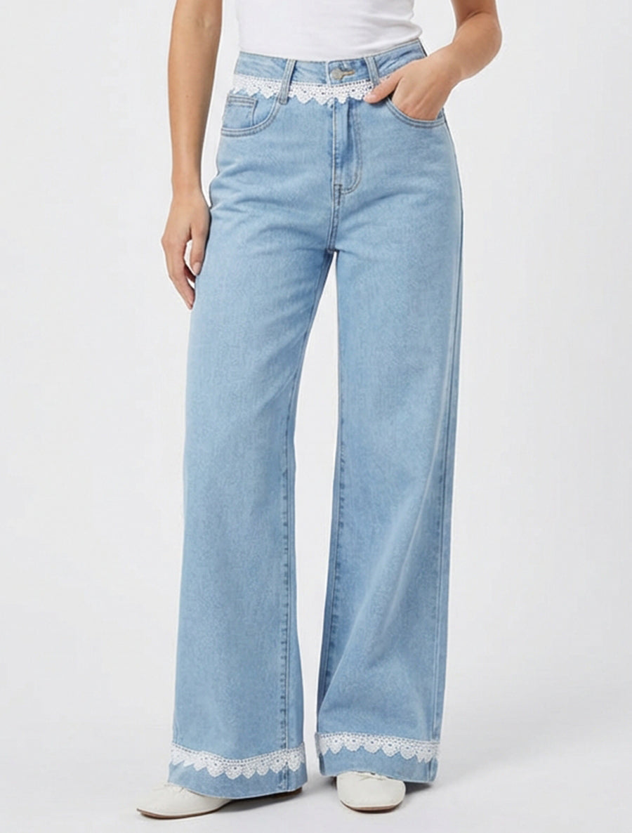 Jean a gamba larga con pizzo - Blu