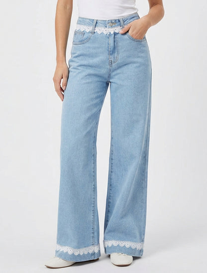 Jean a gamba larga con pizzo - Blu