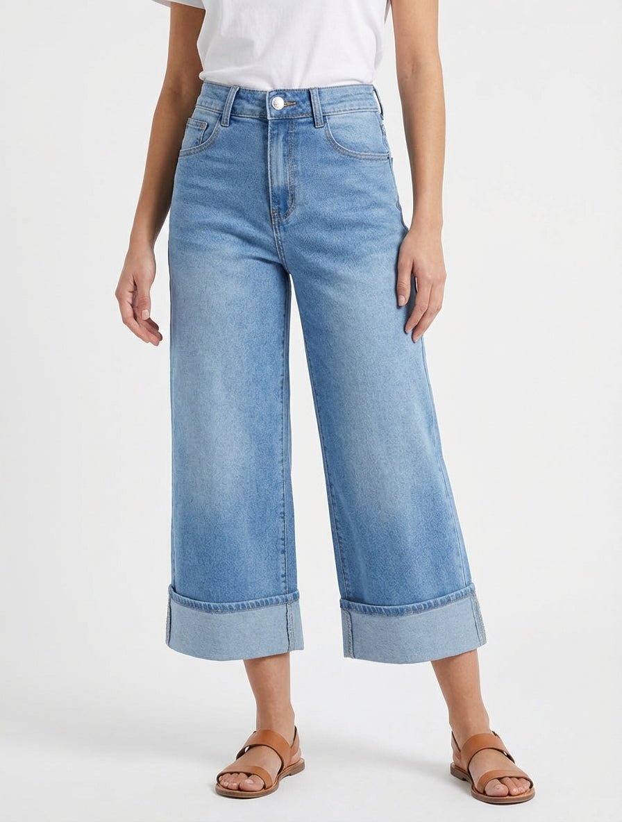 Bermuda ampio con risvolti - Blu