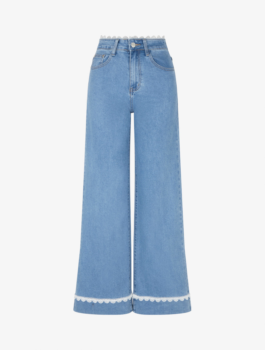 Jean wide leg à bords et taille en dentelle - Bleu - 1