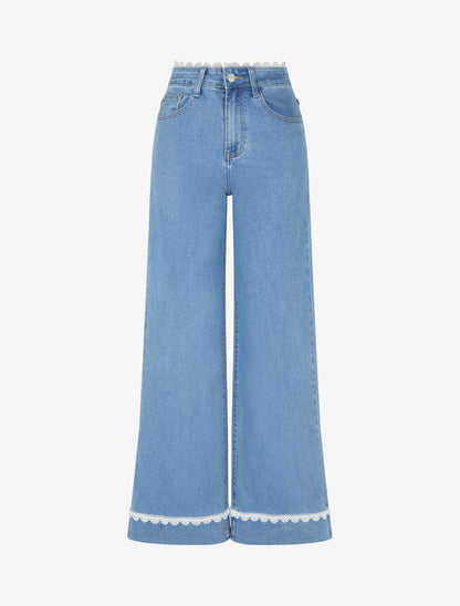 Jean wide leg à bords et taille en dentelle - Bleu - 1