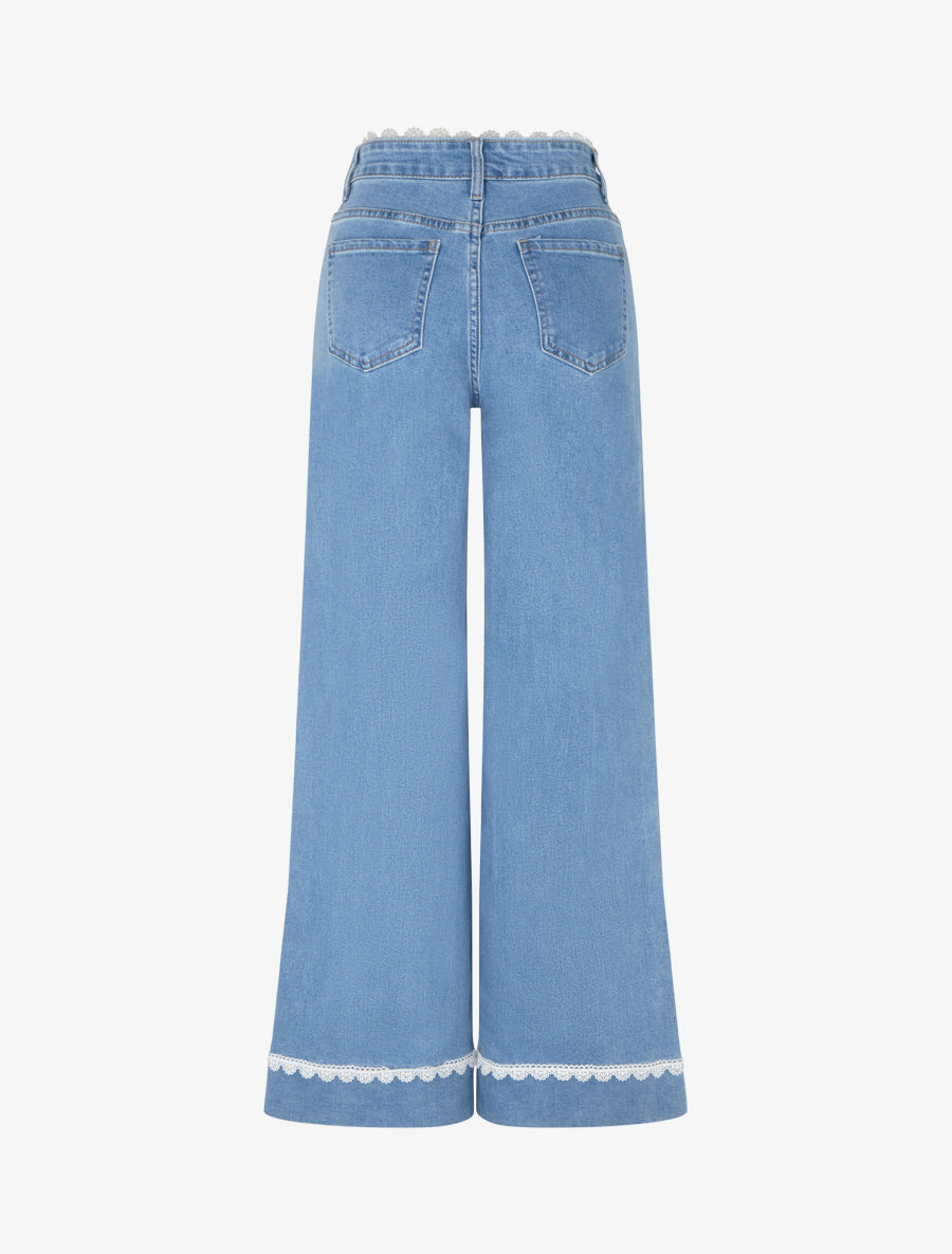 Jean wide leg à bords et taille en dentelle - Bleu - 2