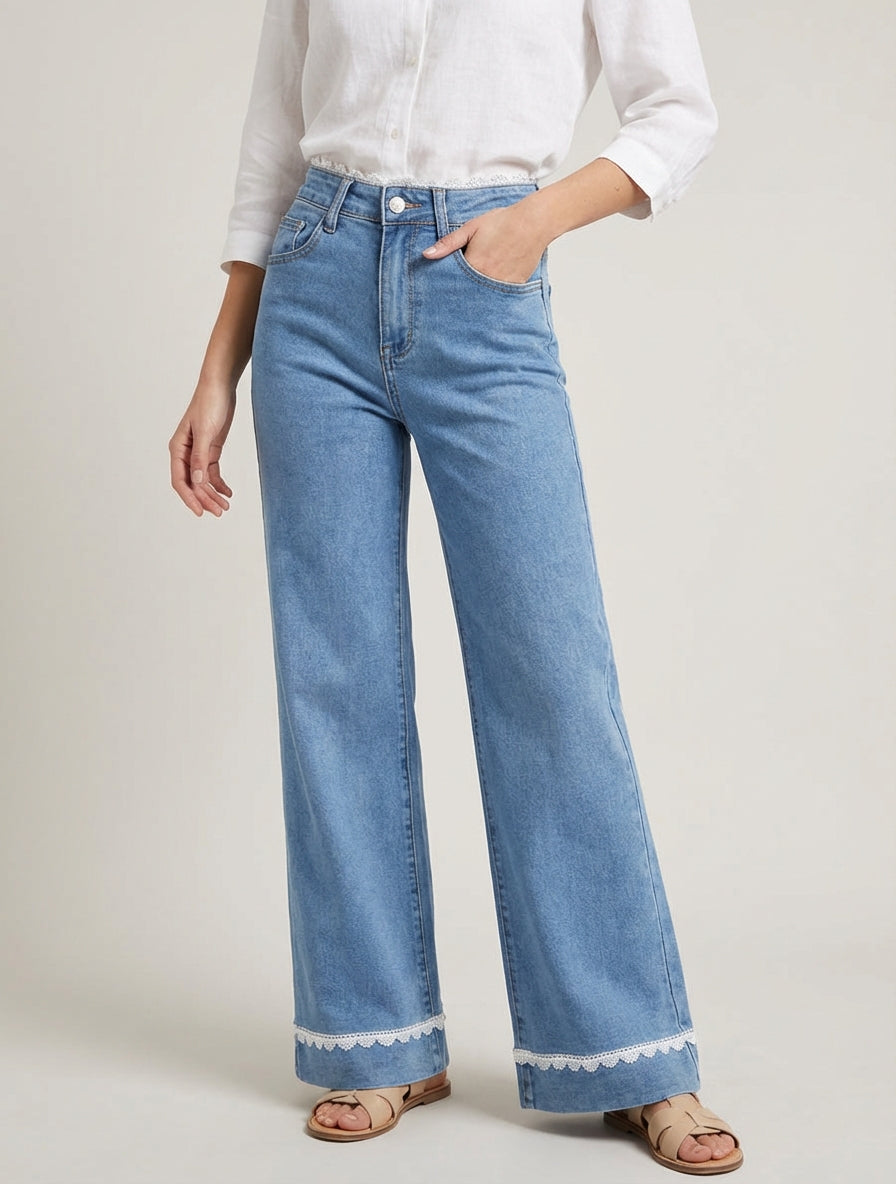 Jeans a gamba larga con bordi e vita in pizzo - Blu