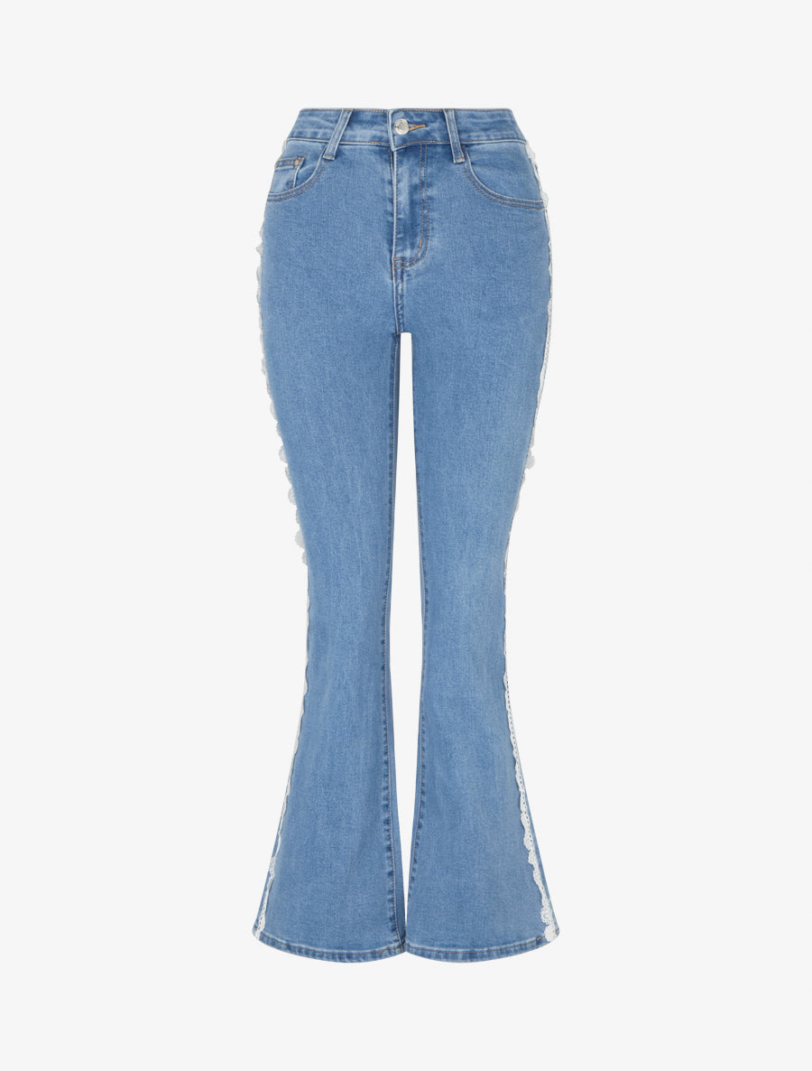 Jean flare à liseré en dentelle - Bleu - 1