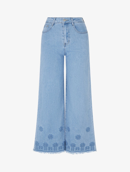 Jean ample à taille haute et bords brodés - Bleu - 1
