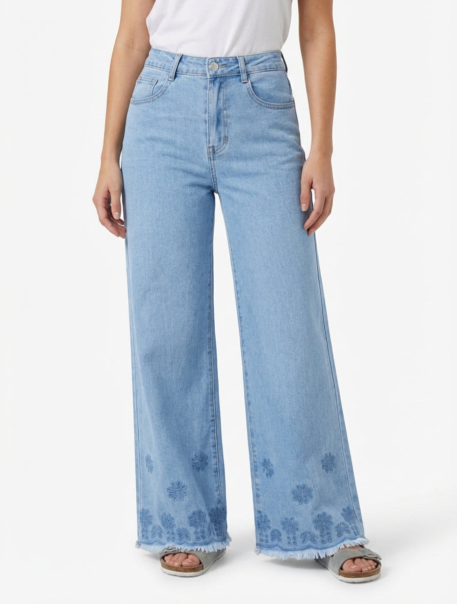 Jeans larghi a vita alta con bordi ricamati. - Blu