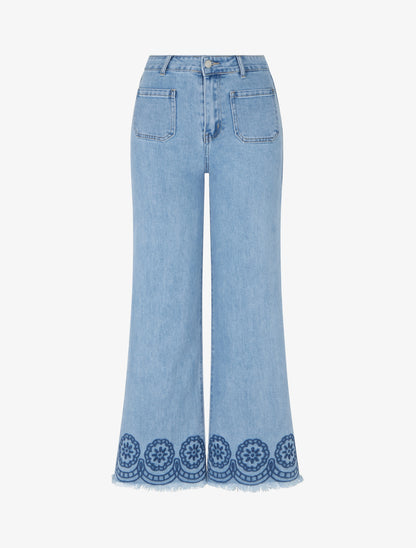 Jean ample à broderies et poches plaquées - Bleu - 1