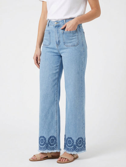 Jeans ampi con ricami e tasche applicate - Blu