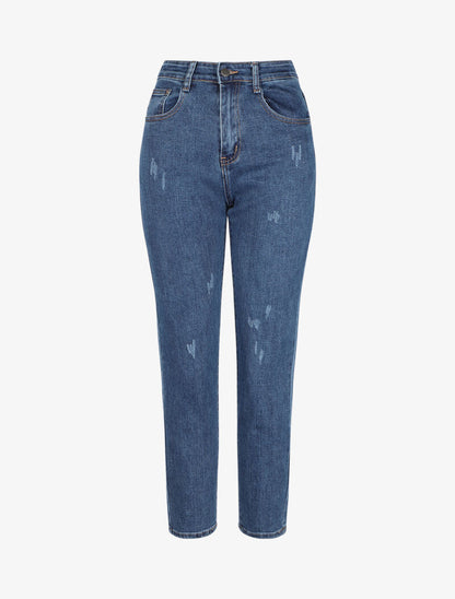 Mom jean 7/8 à éraflures - Bleu denim - 1