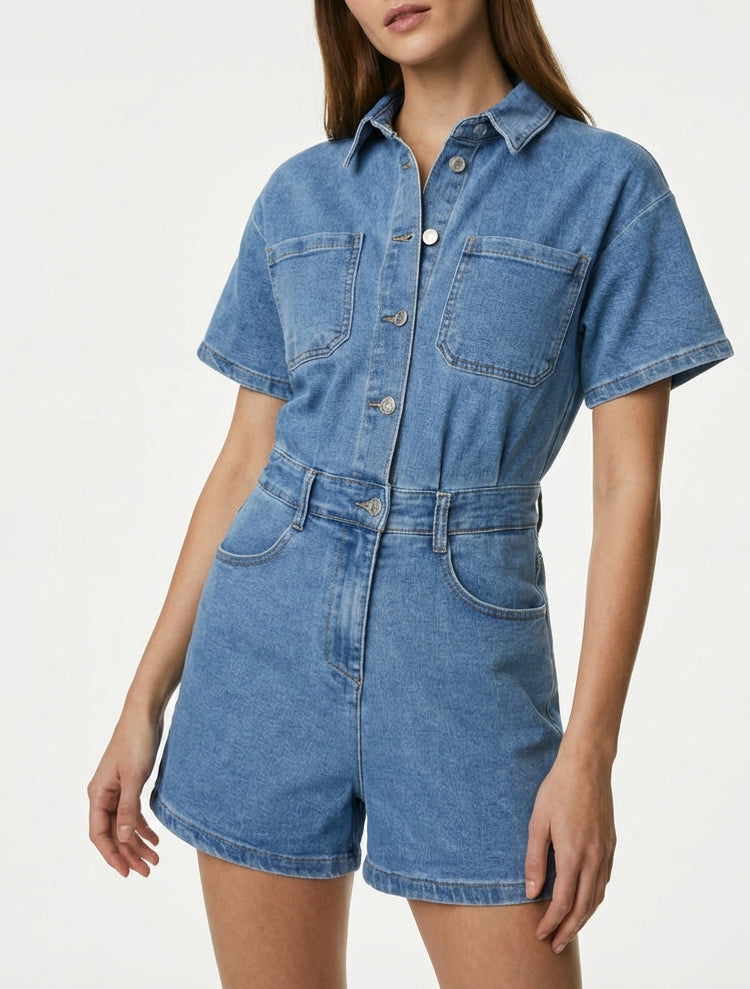 Tutina corta in jeans a maniche corte - Blu