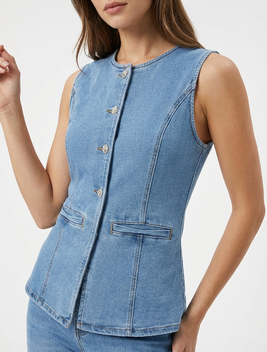 Top in denim con bottoni - Blu