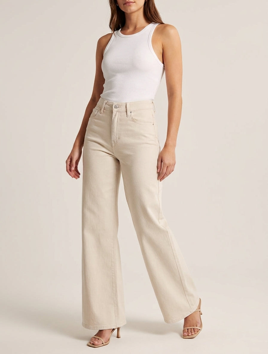 Jean a gamba larga a taglio dritto - Beige