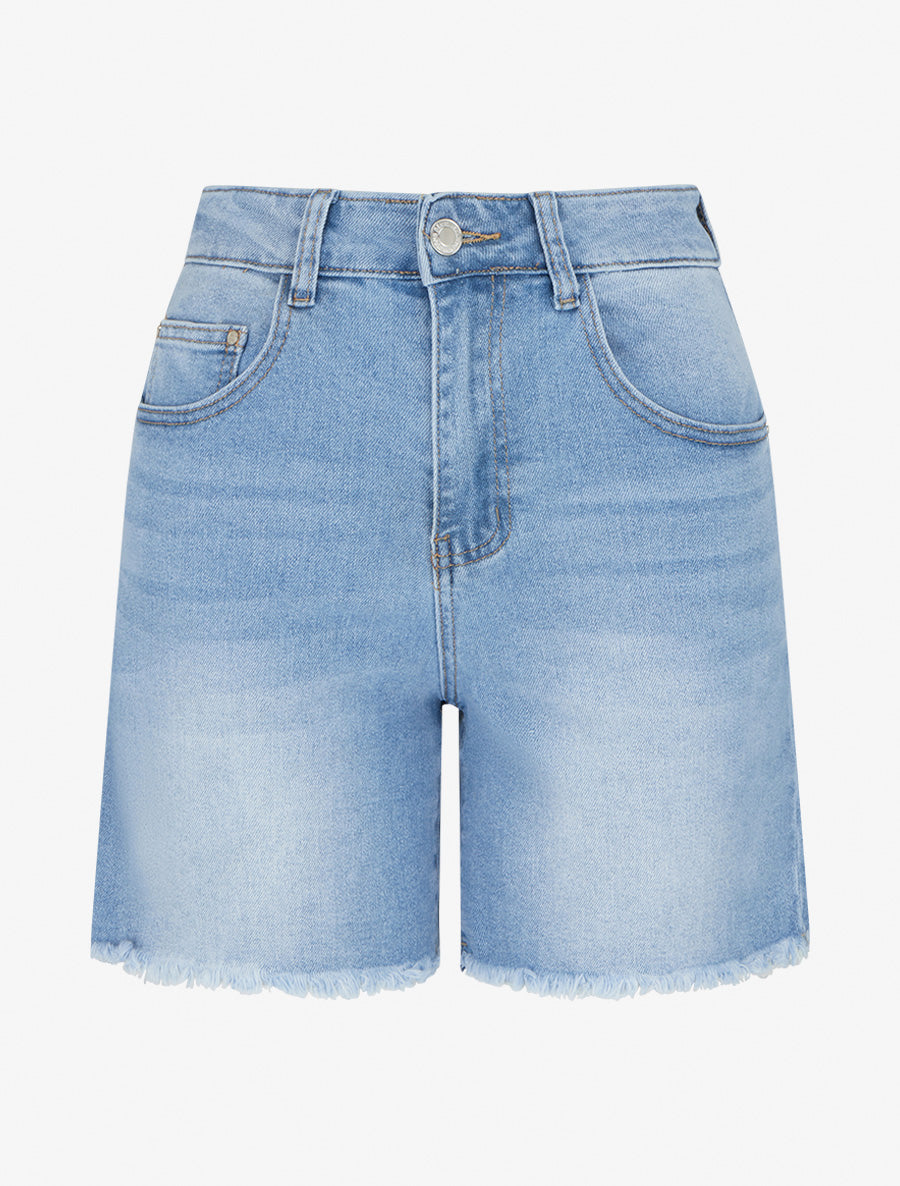 Short push en jean à bas effilochés - Bleu - 1