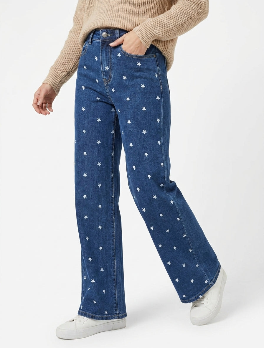 Jean a gamba larga con stampa stelle - Blu