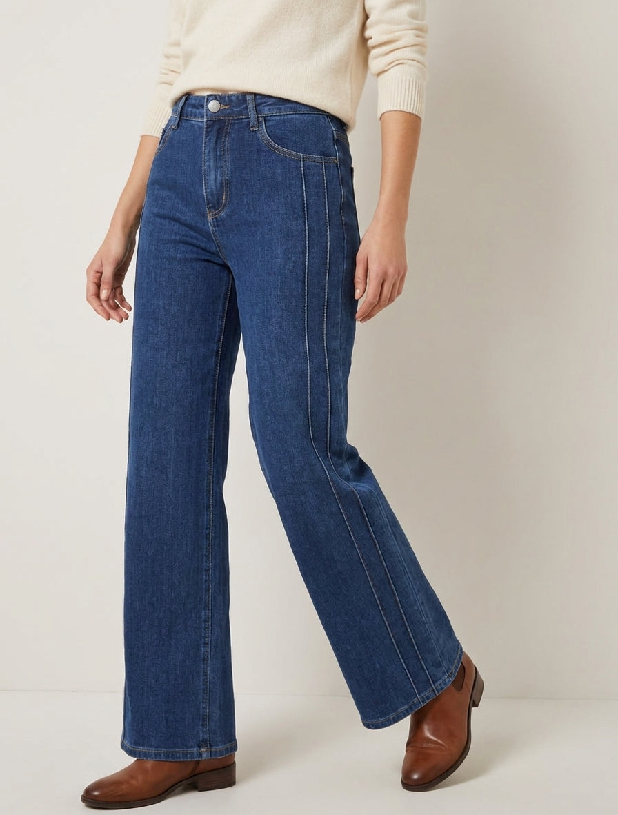 Jeans a gamba larga con impunture e stilizzato. - Blu