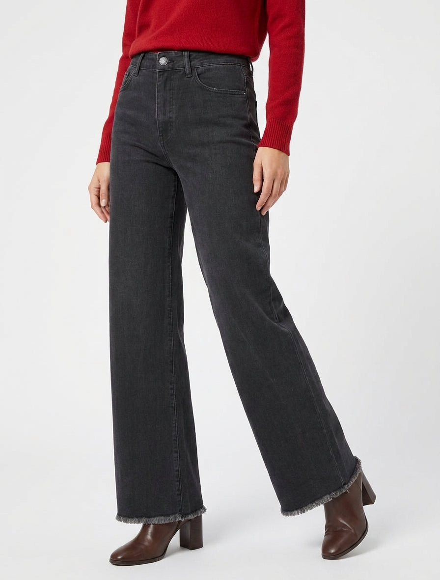 Jeans a gamba larga con orli sfrangiati - Grigio antracite