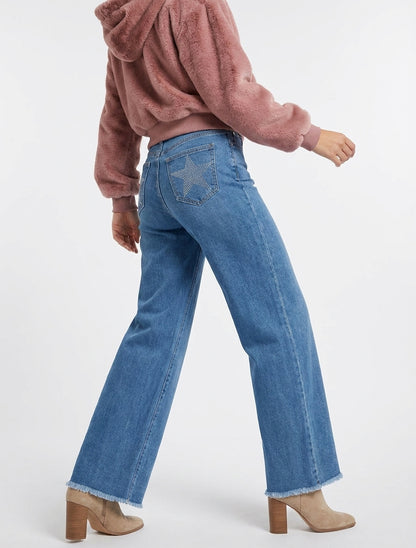 Jeans a gamba larga con tasche decorate con stelle di strass - Blu