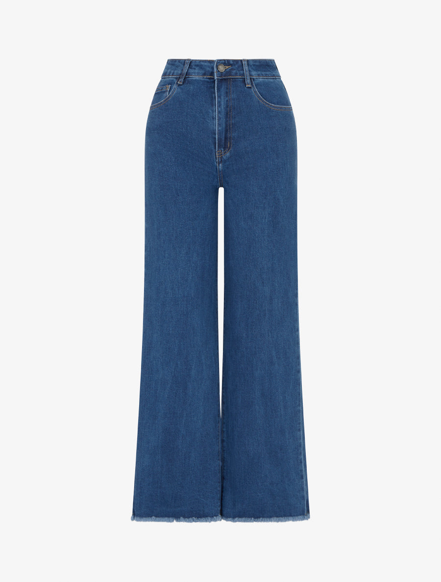 Jean ample taille haute à bords effilochés - Bleu - 1