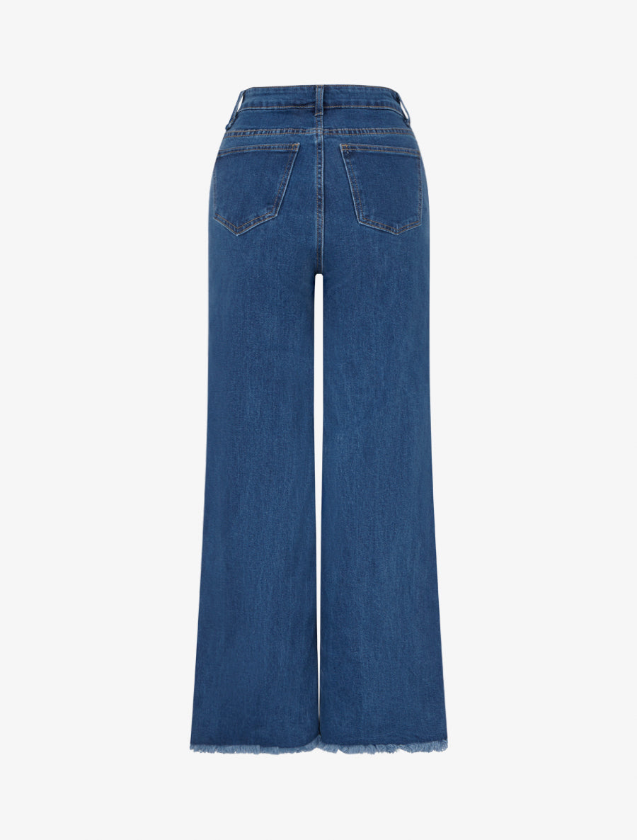 Jean ample taille haute à bords effilochés - Bleu - 2