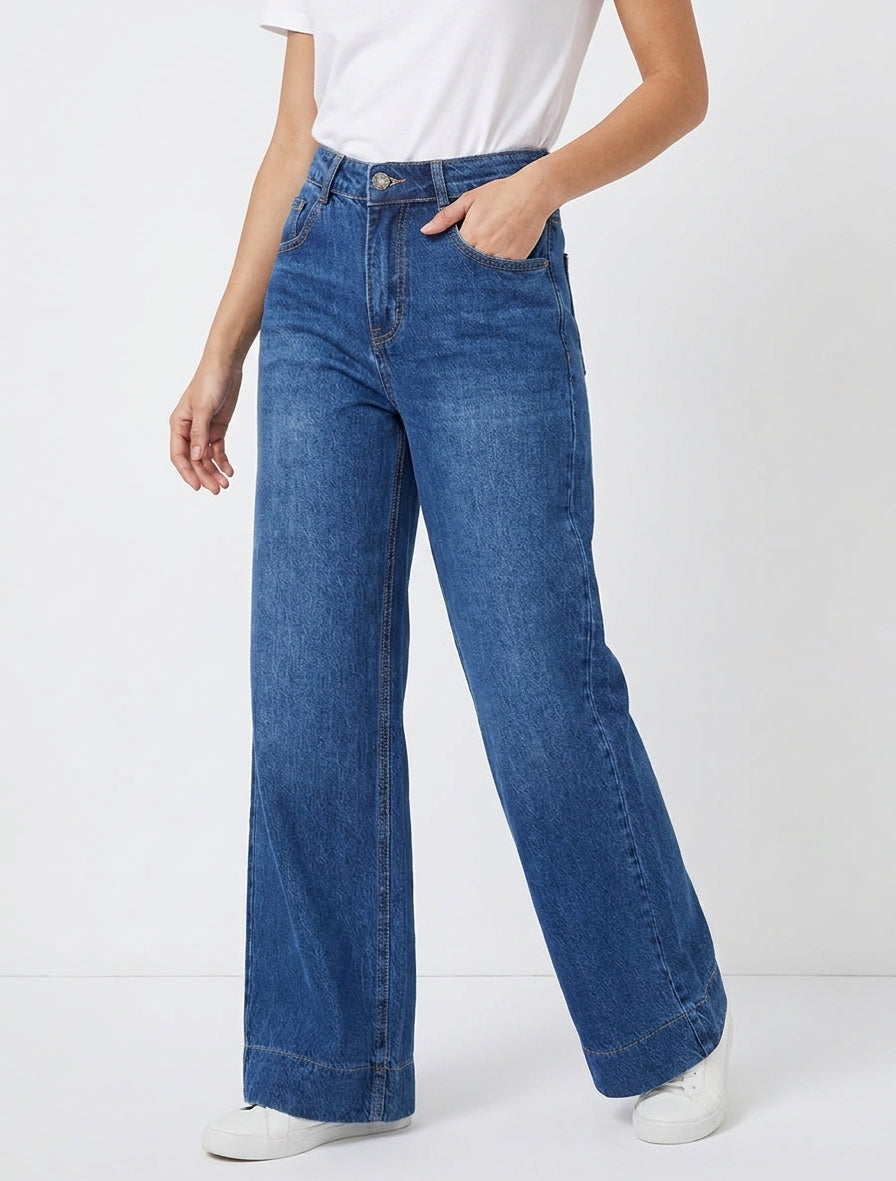 Jeans a gamba larga a vita alta - Blu denim
