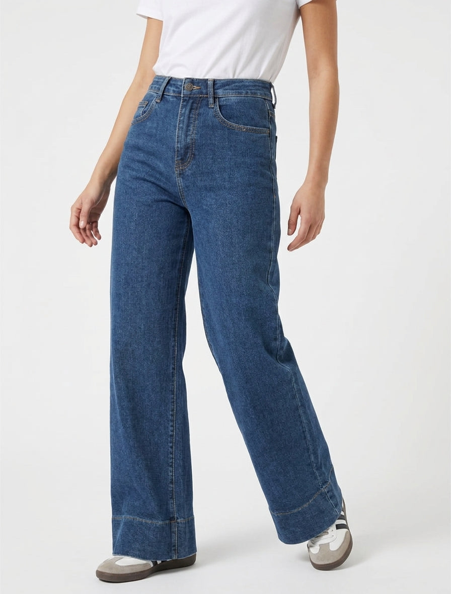 Jean a gamba larga a vita alta - Blu denim