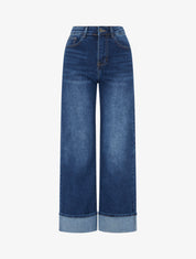 Jean wide leg délavé à ourlet - Bleu denim - 1