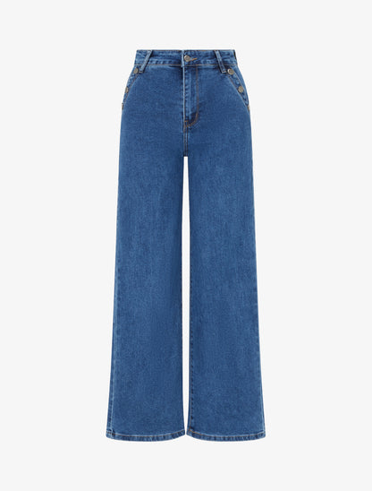 Jean wide leg à poches boutonnées - Bleu denim - 1
