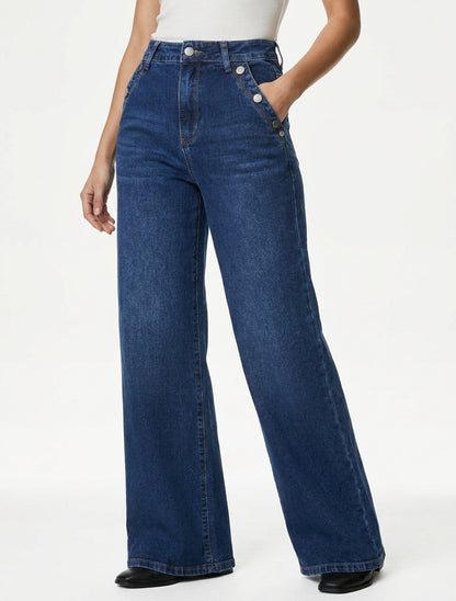 Jeans a gamba larga con tasche con bottoni - Blu denim