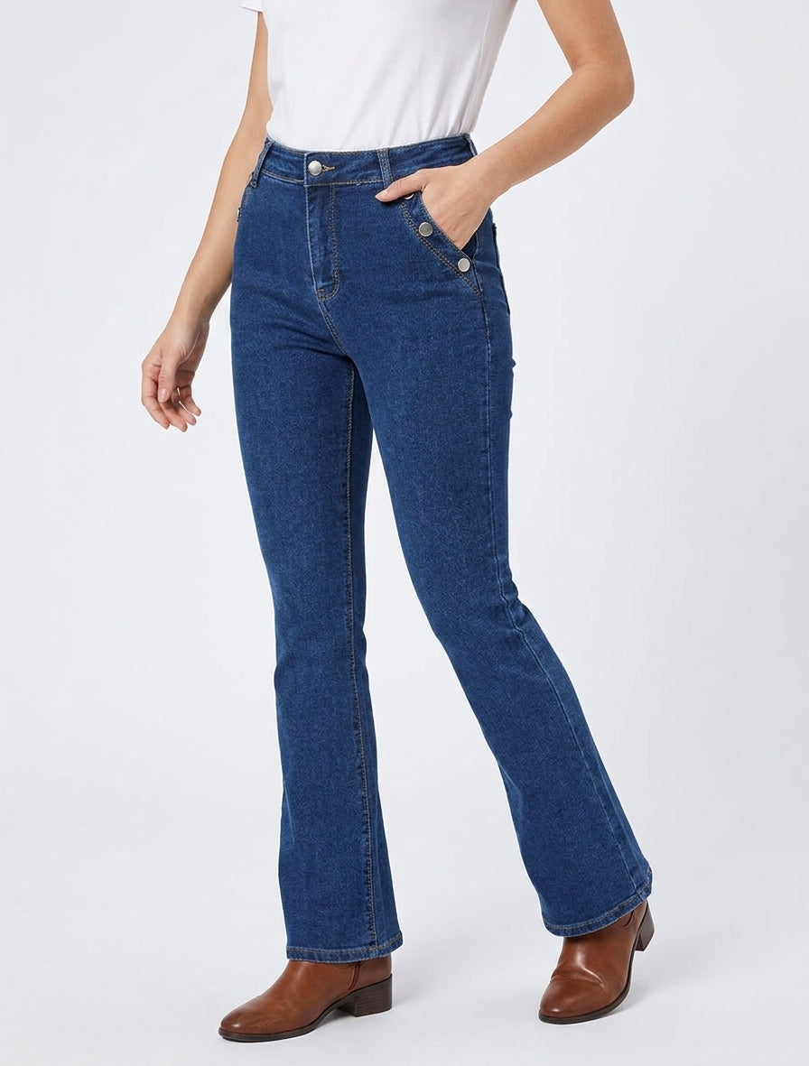 Jean svasato con tasche con bottoni - Blu denim