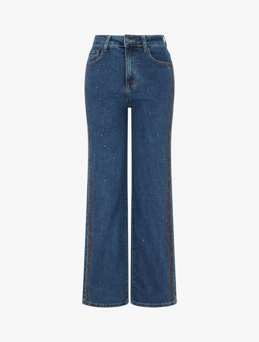 Jean wide leg à strass et broderies florales - Bleu denim - 1