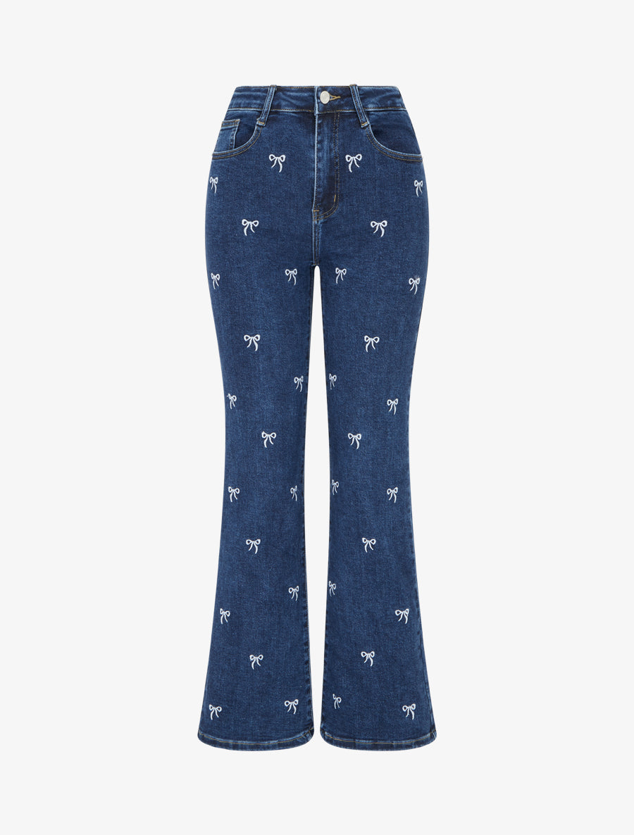 Jean wide leg à broderies motif noeud - Bleu - 1