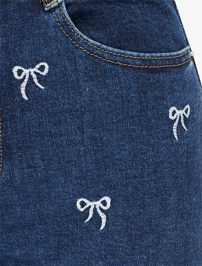 Jean wide leg à broderies motif noeud - Bleu - 3