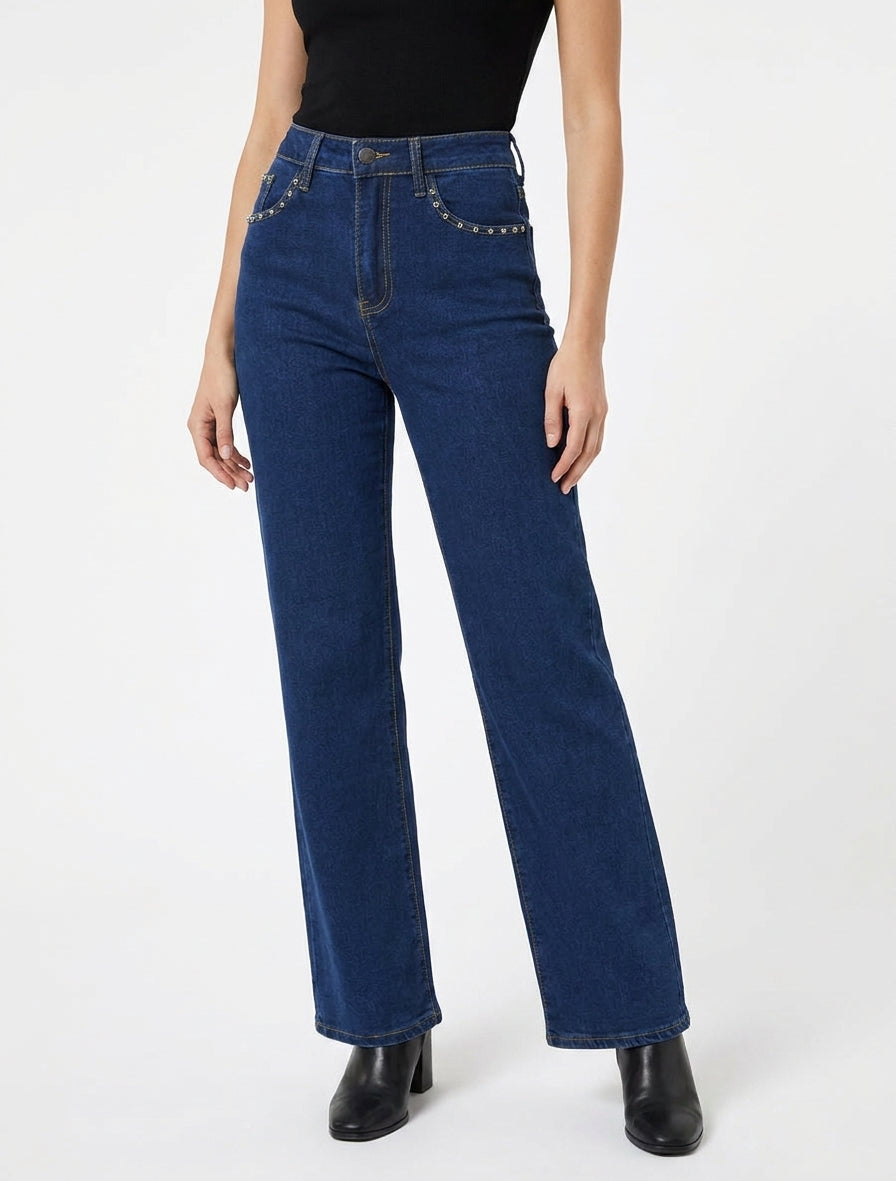 Jeans a gambe larga con tasche borchiate - Blu denim