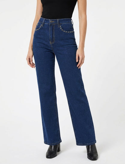 Jeans a gambe larga con tasche borchiate - Blu denim