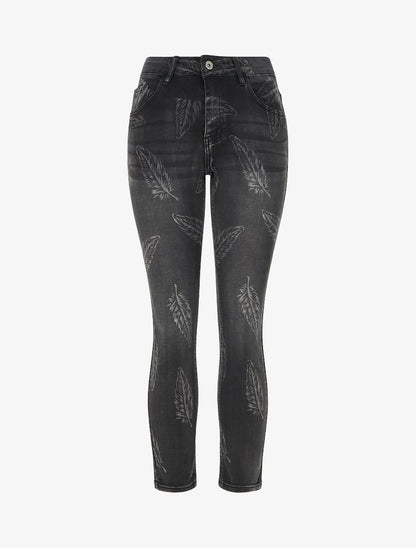 Jean skinny taille haute imprimé plumes - Gris anthracite - 1