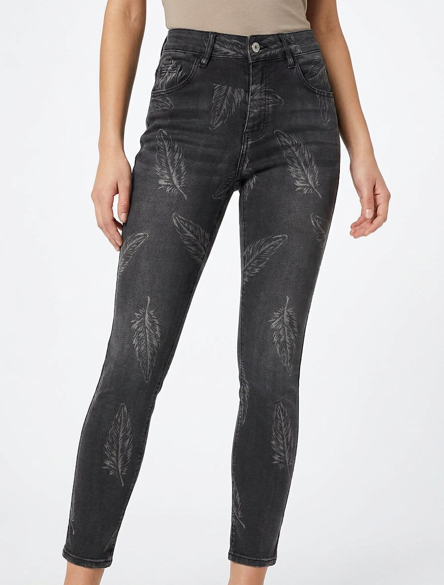 Jeans skinny a vita alta con stampa piume - Grigio antracite
