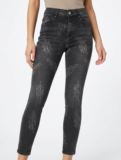 Jeans skinny a vita alta con stampa piume - Grigio antracite