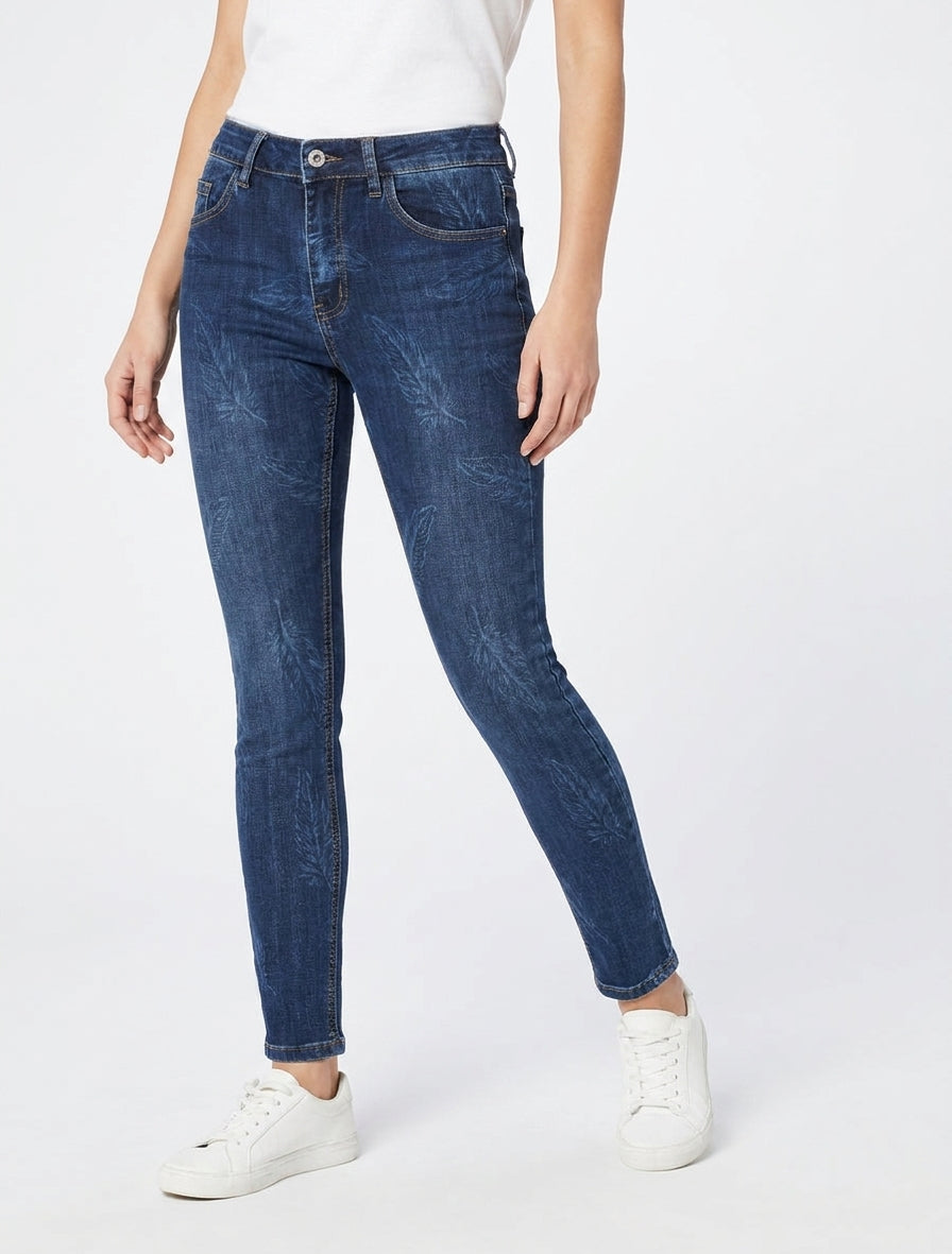 Jean a stampa piume taglio skinny - Blu denim