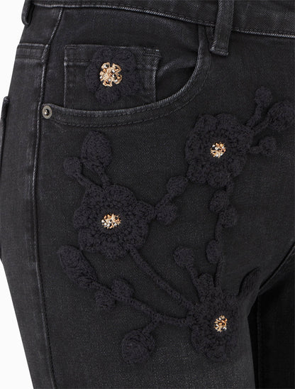 Jean à empiècement broderie floral coupe slim - Noir - 3