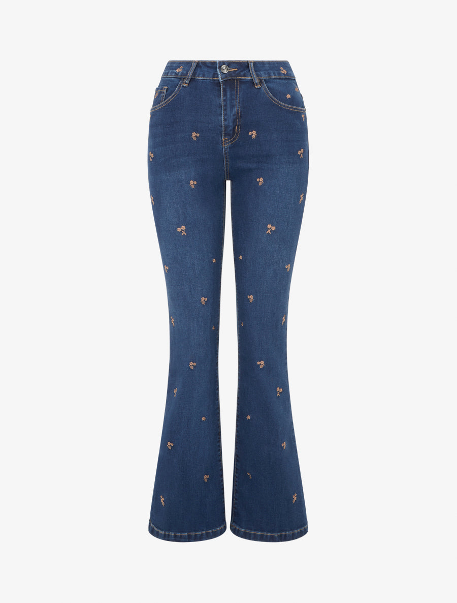 Jean à petites fleurs brodées coupe flare - Bleu denim - 1