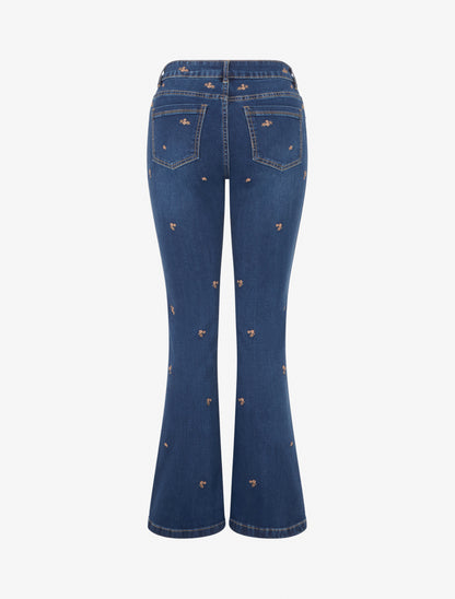 Jean à petites fleurs brodées coupe flare - Bleu denim - 2